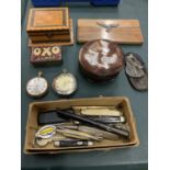 A SELECTION OF COLLECTABLE ITEMS TO INCLUDE TWO POCKET WATCHES, VINTAGE PEN KNIVES ETC