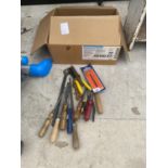 AN ASSORTMENT OF HAND TOOLS TO INCLUDE CHISELS, PLIERS AND BOLTS ETC