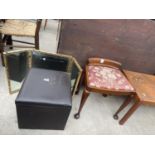 A GILT FRAMED TRIPLE MIRROR, MAHOGANY DRESSING STOOL ON FRONT CABRIOLE LEGS AND A BOX STOOL