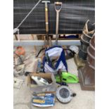 AN ASSORTMENT OF TOOLS TO INCLUDE SPADES, HAMMERS AND BOW SAWS ETC