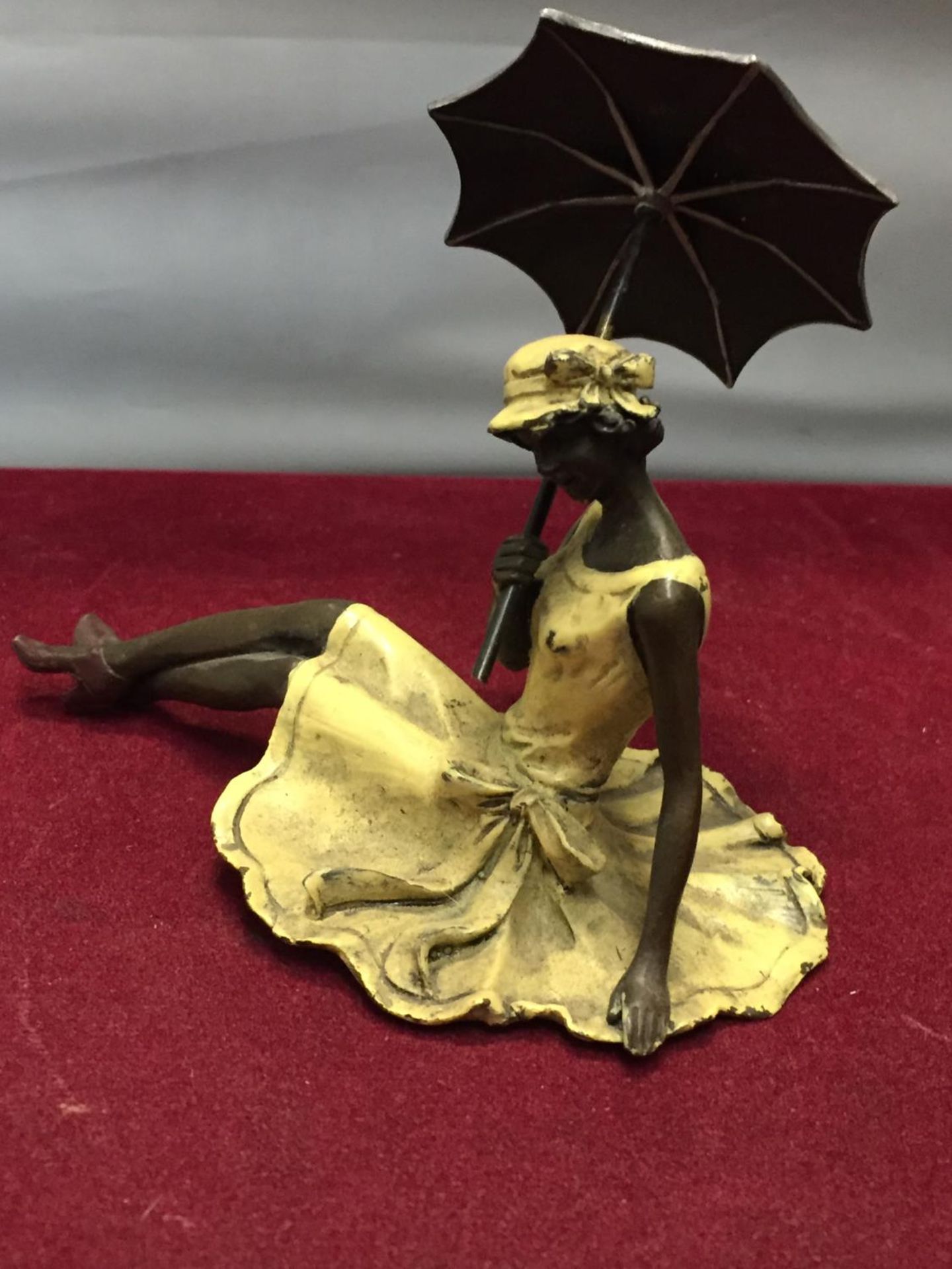 A BERGMAN STYLE COLD PAINTED BRONZE OF A WOMAN IN A YELLOW DRESS WITH MATCHING PARASOL HEIGHT - Image 2 of 5