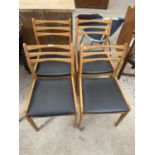A SET OF FOUR RETRO TEAK PARTIAL LADDERBACK DINING CHAIRS WITH BLACK REXENE SEATS