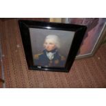 A COLOURED PRINT ON CLOTH OF ADMIRAL HORATIO NELSON 44CM X 35CM FRAMED AND GLAZED