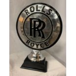 A CHROME ROLLS ROYCE SIGN ON A WOODEN BASE H: 50CM