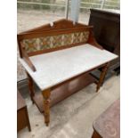 A VICTORIAN SATINWOOD AND PITCH PINE MARBLE TOP WASHSTAND WITH TILE BACK, 42" WIDE