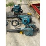 AN ASSORTMENT OF POWER TOOLS TO INCLUDE A ROUTER AND TWO MAKITA VACUUMS
