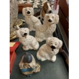 TWO PAIRS OF STAFFORDSHIRE FLATBACK SPANIELS 10" AND 8", A LLADRO FIGURINE AND A LARGE FIGURINE IN
