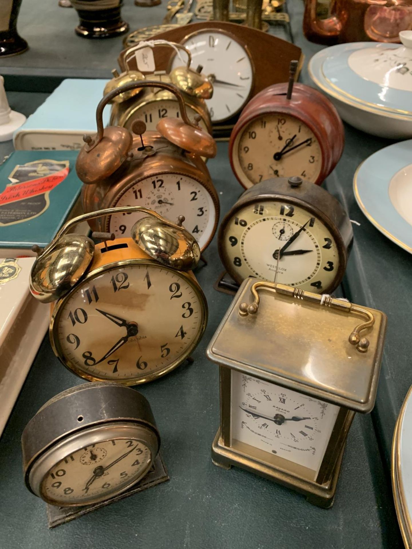 EIGHT EXAMPLES OF VINTAGE AND RETRO ALARM CLOCKS TO ALSO INCLUDE A 'BAYARD, PARIS' EIGHT DAY