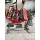 AN ASSORTMENT OF ITEMS TO INCLUDE INDUSTRIAL LIGHT SHADES, A TOOL BOX AND ASSORTED HAND TOOLS