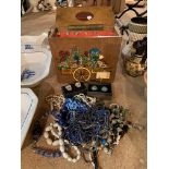 A QUANTITY OF COSTUME JEWELLERY TO ALSO INCLUDE A VINTAGE WOODEN HANDPAINTED BOX