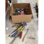 AN ASSORTMENT OF HAND TOOLS TO INCLUDE CHISELS, PLIERS AND BOLTS ETC