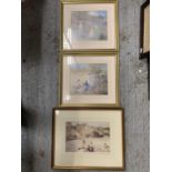 A PAIR OF GILT FRAMED SEURAT STYLE PRINTS TO ALSO INCLUDE A GILT FRAMED PRINT IN THE FORM OF THREE