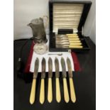 A SET OF BONE HANDLED FISH KNIVES AND FORKS IN A PRESENTATION BOX, A SILVER PLATED COFFEE POT, CUT