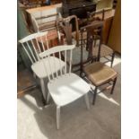 A PAIR OF WHITE PAINTED ERCOL STYLE CHAIRS, EDARDIAN BEDROOM CHAIR, LADDERBACK CHAIR AND MID 20TH
