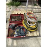 AN ASSORTMENT OF TOOLS TO INCLUDE SPANNERS, AIR HOSE PIPE ETC