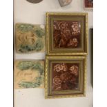 A PAIR OF FRAMED CERAMIC TILES AND A PAIR OF HAND CRAFTED TILES WITH GLAZED LEAF DETAIL