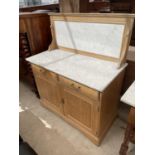 A VICTORIAN ASH MARBLE TOP CABINET WITH MARBLE BACK, 39" WIDE