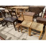 A MODERN PIANO STOOL, A SMALL WICKER STOOL AND A PAIR OF RUSH SEATED STOOLS