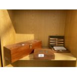 A TREEN BACK GAMMON SET, A TREEN CARD BOX AND A FURTHER TREEN CASE
