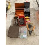 AN ASSORTMENT OF HAND TOOLS TO INCLUDE DRILL BITS AND FUSES ETC