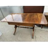 A 19TH CENTURY ROSEWOOD AND INLAID SOFA TABLE, 34X27.5" (57.5" OPENED), ON SPLAY LEGS WITH BRASS PAW