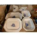 A GROUP OF SIX BLUE AND WHITE WEDGWOOD 'AMERICAN CLIPPER' TABLE WARE TO INCLUDE A LIDDED TUREEN