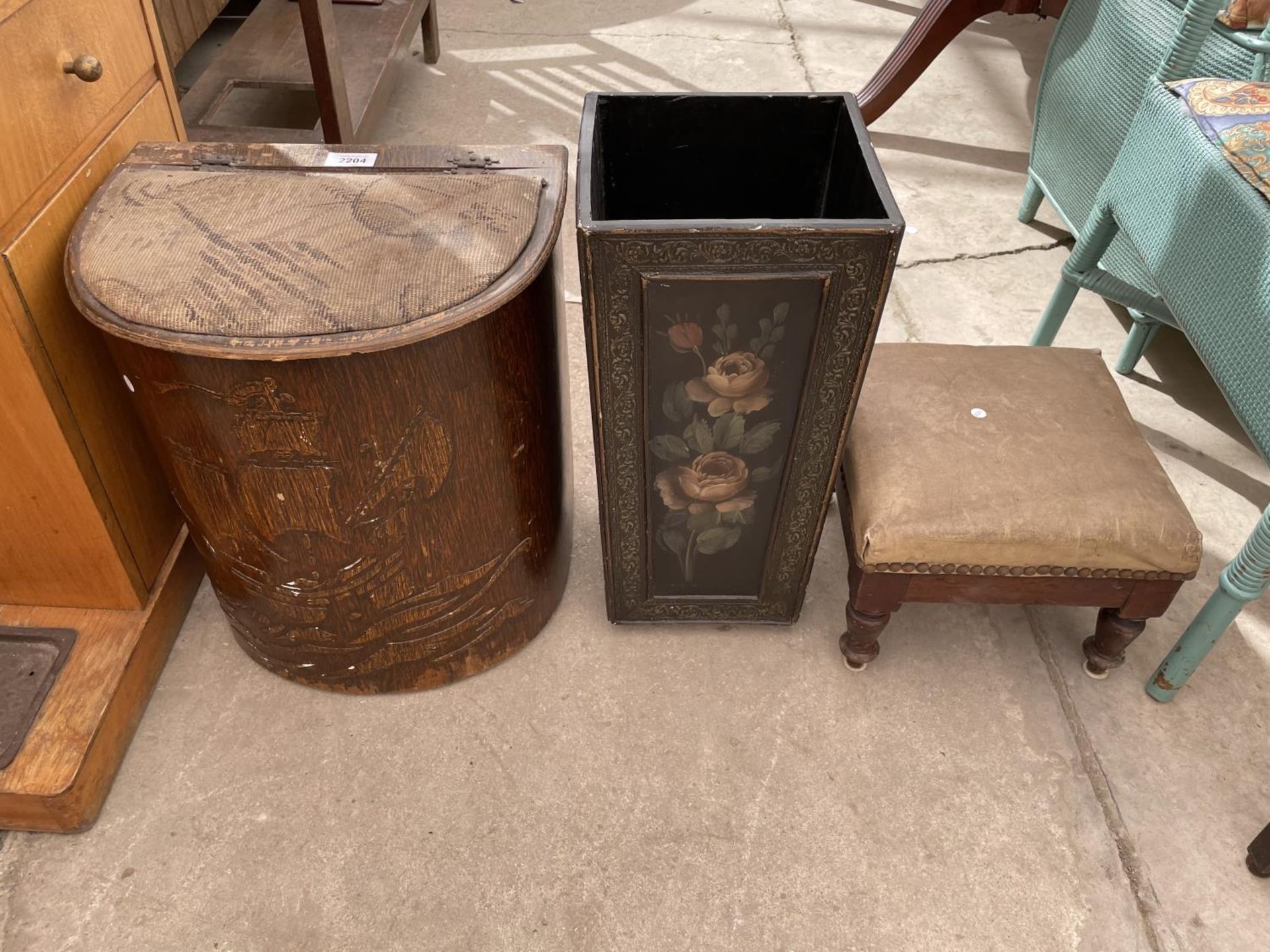 A 1950'S OTTOMAN/STOOL, LOW STOOL ON TURNED LEGS, EMBOSSED STICK STAND WITH FLORAL PANELS