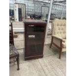 A MAHOGANY HI-FI CABINET WITH GLASS DOOR