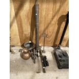AN ASSORTMENT OF VINTAGE ITEMS TO INCLUDE A REEVES PNEUMATIC BROOM, BLOW TORCHES AND A COPPER VESSEL