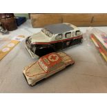 TWO VINTAGE TIN PLATE BRITISH AMBULANCES, THE LARGER ONE BEING TRACTION
