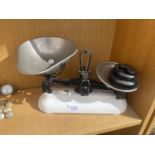 A POOLEY KITCHEN SCALES WITH WEIGHTS