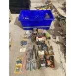 A LARGE COLLECTION OF ASSORTED HARD WARE ITEMS TO INCLUDE BEARINGS, DRILL BITS AND SCREWS ETC