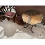 A SMALL OVAL DRALON STOOL, SMALL VICTORIAN STOOL AND OCTAGONAL FOLDING TABLE