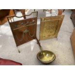 A BRASS AND COPPER WARMING PAN, EMBOSSED BRASS FIRE SCREEN AND A COPPER/BRASS OF THE SAME