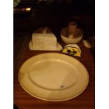 FOUR CERAMIC ITEMS TO INCLUDE A MYOTT MEAT PLATTER, A LARGECHEESE DISH ETC
