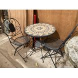 A METAL BISTRO SET WITH ROUND TABLE WITH COMPOSITE TOP AND TWO FOLDING CHAIRS