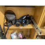 AN ASSORTMENT OF CAMERA EQUIPMENT TO INCLUDE A FUJIFILM S9500 AND A CHINON CG-5 ETC