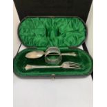 HALLMARKED SHEFFILED 1897 SILVER ITEMS TO INLCUDE A SPOON, FORK AND NAPKIN RING GROSS WEIGHT 67g