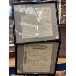 TWO VINTAGE FRAMED SHARE CERTIFICATES DATED 1922 AND 1938
