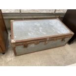 A SUBSTANTIAL GALVANISED METAL TRAVELLING TRUNK, 40X21"