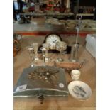 A HANDCRAFTED AND PAINTED JEWELLERY BOX, THREE SILVER PLATE BUD VASES, A WADE DRAGON BOAT FIGURINE