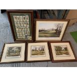 FOUR WOODEN FRAMED AND SIGNED GOLF RELATED PRINTS TO ALSO INCLUDE A FRAMED SELECTION OF GOLF