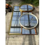 A GROUP OF FIVE MIRRORS TO INCLUDE A GILT FRAMED BEVELED EDGE RECTANGULAR MIRROR AND AN OVAL GILT