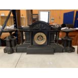 A VERY LARGE VICTORIAN BLACK SLATE EIGHT DAY STRIKING MANTEL CLOCK (H: 35CM)TO ALSO INCLUDE A PAIR
