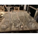 A LARGE COLLECTION OF CUT GLASS TO ALSO INCLUDE DRESSING TABLES ITEMS ETC