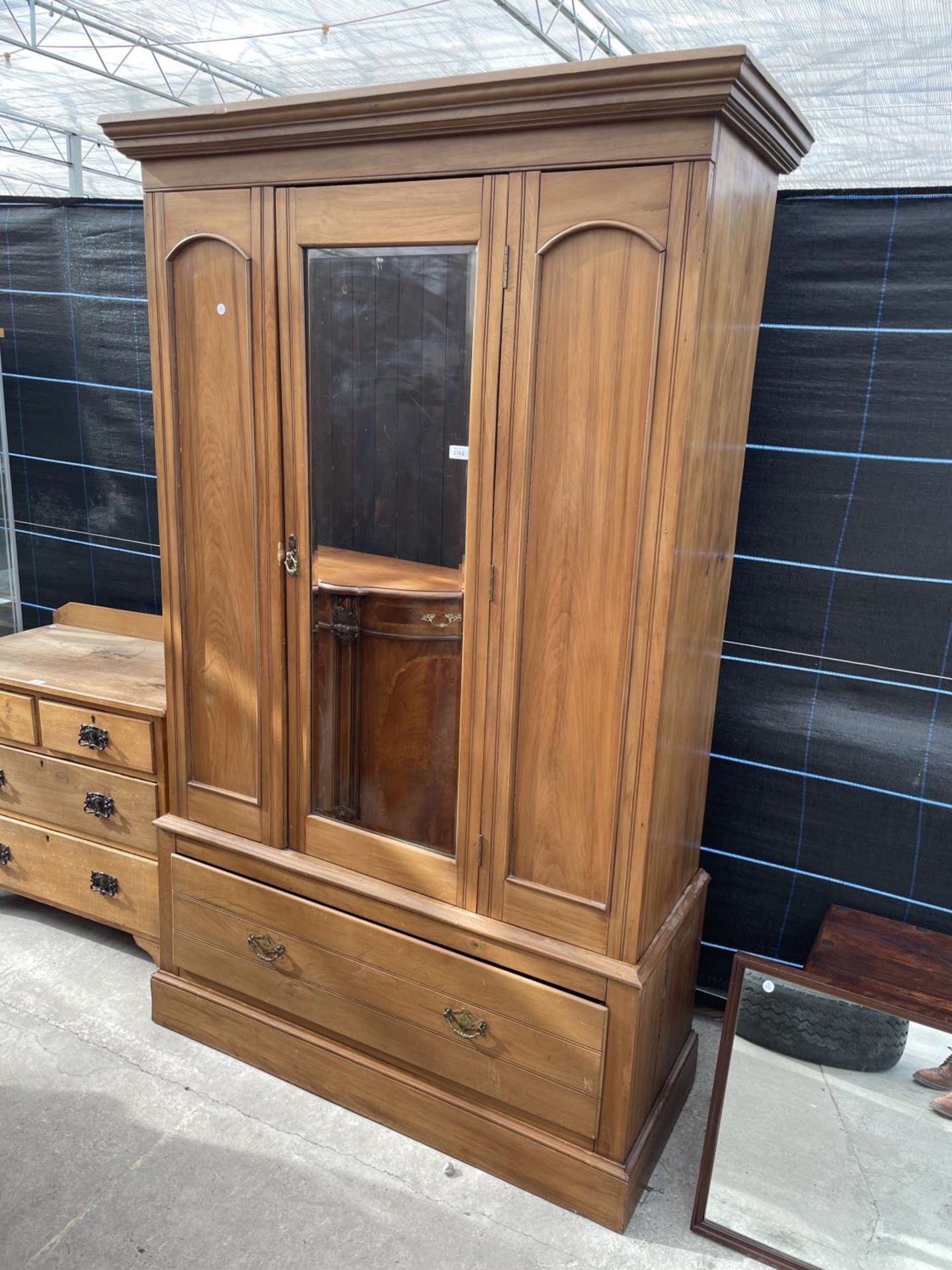 A VICTORIAN SATINWOOD MIRRORED DOOR WARDROBE WITH DRAWER TO BASE 49" WIDE