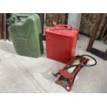 A VINTAGE W&D FOOT PUMP, A VINTAGE FUEL CAN WITH BRASS CAP AND A FURTHER SMALL JERRY CAN