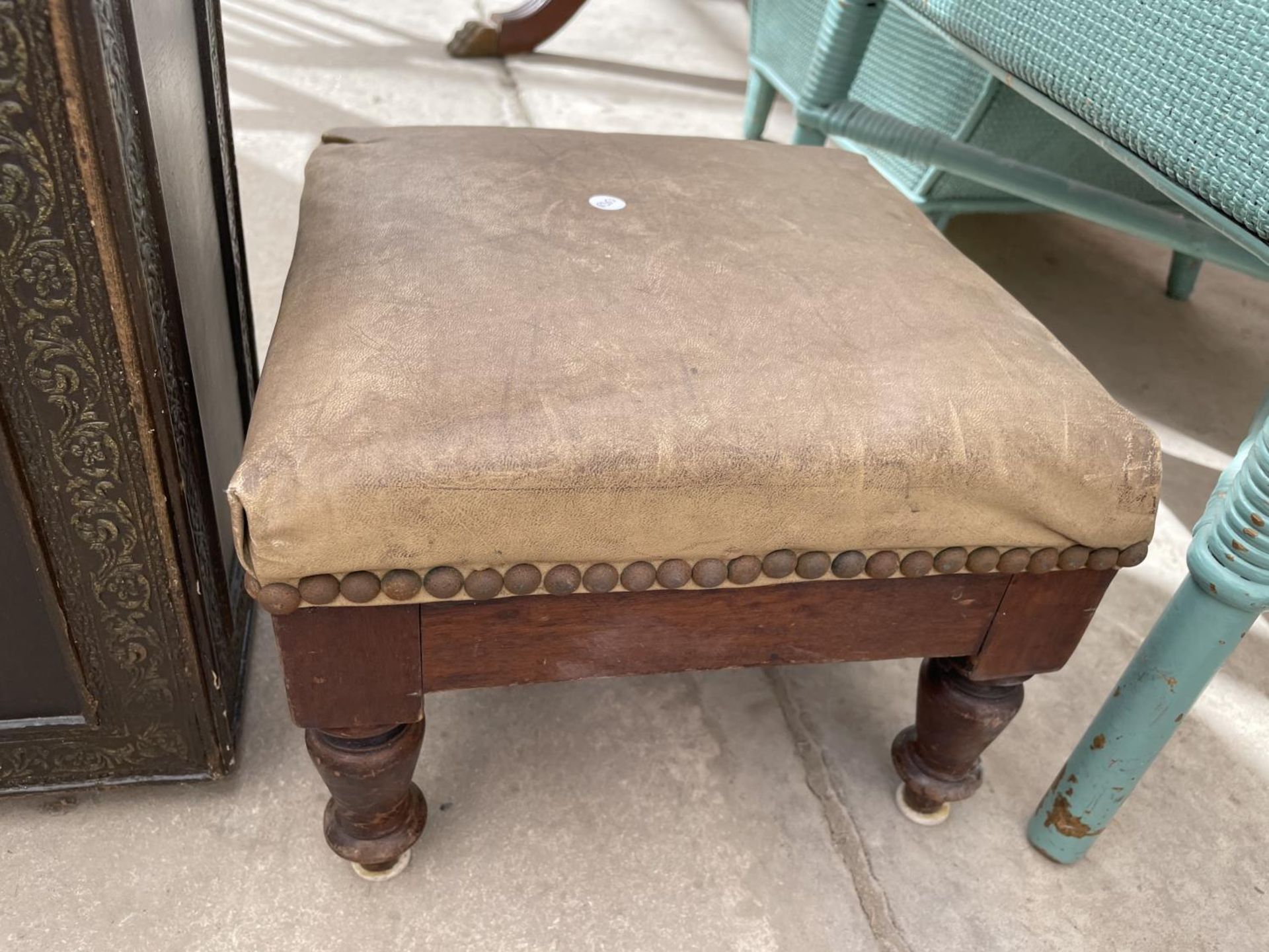 A 1950'S OTTOMAN/STOOL, LOW STOOL ON TURNED LEGS, EMBOSSED STICK STAND WITH FLORAL PANELS - Image 4 of 4