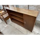 A RETRO OAK OPEN BOOKCASE WITH ONE CABINET, 48" WIDE AND A TUBULAR FRAMED KITCHIN CHAIR