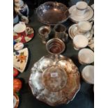 FIVE EXAMPLES OF WHITE METAL WARE TO INCLUDE A COMPORT, A DISH, A SHALLOW BOWL ETC